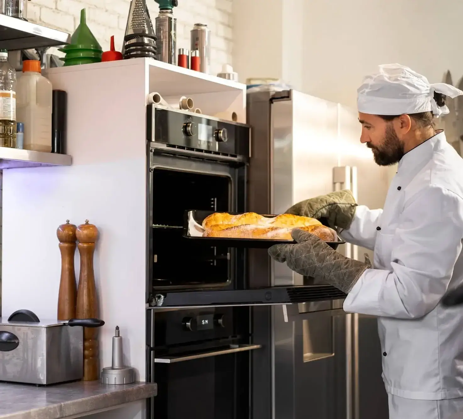 Chef removing freshly cooked dish from commercial oven in restaurant kitchen