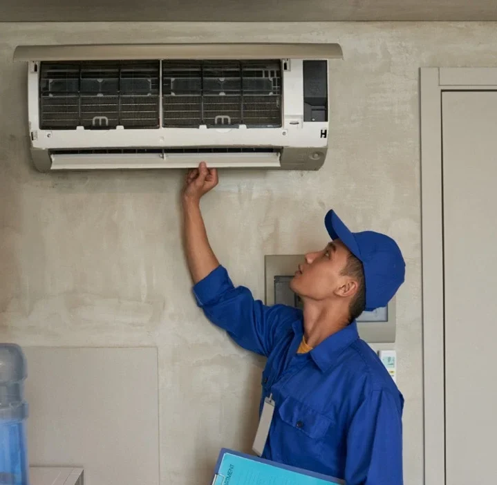 HVAC technician inspecting wall-mounted air conditioner unit in Seattle home