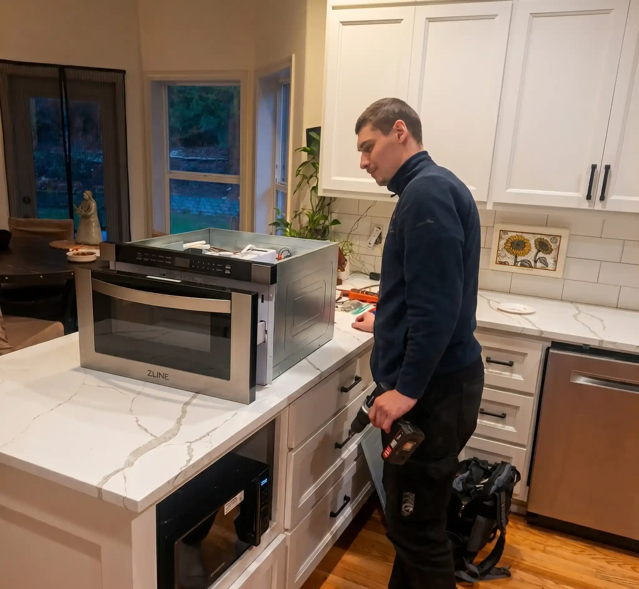Whirlpool side-by-side refrigerator repair in Woodinville — open freezer door diagnostics
