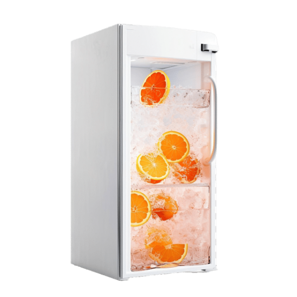 Freezer interior filled with ice and orange slices – Cold storage concept
